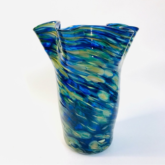 Arribas Brothers Walt Disney World Blown Glass Ruffled Vase 9” Blue Yellow Swirl - Picture 7 of 15